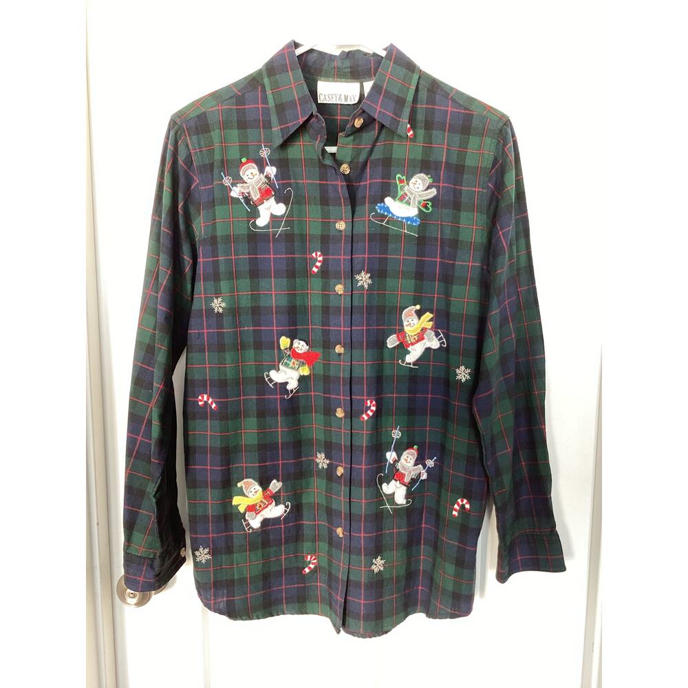Casey &‎ Max Women Plaid Flannel Holiday Button Front embroidered Top Blue Small